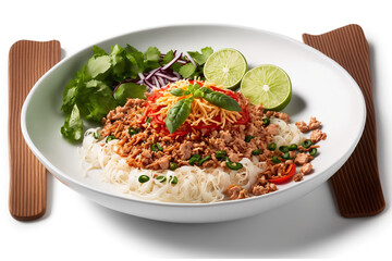 Thai dish known as Spicy Glass Noodle Salad with Minced Pork Yum Woon Sen is prepared on a white plate with clear bean vermicelli and pork. Generative AI - obrazy, fototapety, plakaty