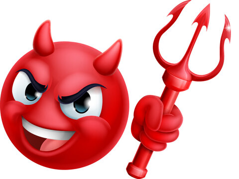 A red devil or satan emoji emoticon man face holding a trident, pitchfork or pitch fork cartoon icon mascot.