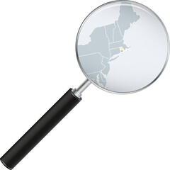 Rhode Island map with flag in magnifying glass.