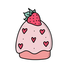 Obraz premium Doodle sweet strawberry cupcake with hearts vector illustration. Cute romantic Valentines day hand drawn cake isolated on white.