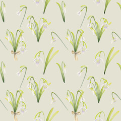 Watercolor hand drawn seamless pattern with spring flowers, snowdrops, leaves, stems. Isolated on color background Design for invitations, wedding, greeting cards, wallpaper, print, textile.