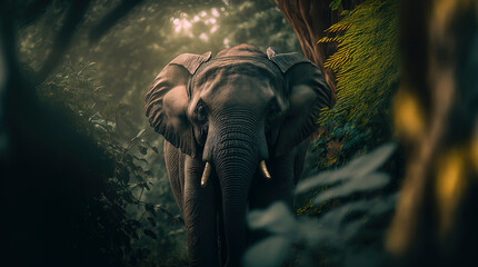 large elephant walking through a lush green jungle
