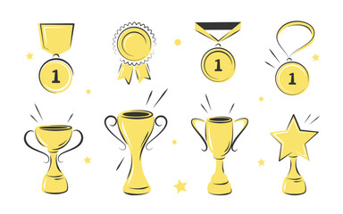 Trophy cups, awards, medals, podium winners and diploma set. Hand drawn award icons. Vector illustrations isolated on white background.