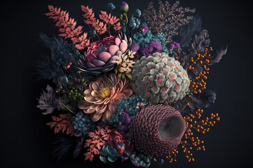 Bouquet of flowers on dark background. Generative AI - 562349846
