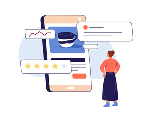 Online reviews and feedback concept. Client studying internet ratings, customer comments, recommendations, service quality ranking in phone app. Flat vector illustration isolated on white background