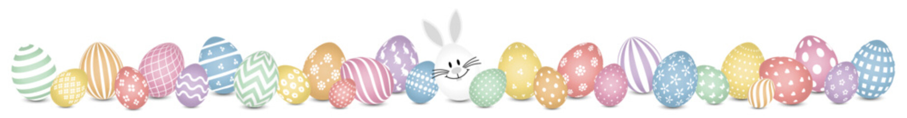 Weißes Hasenei & 28 Ostereier Retrofarben Muster Banner