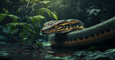 large anaconda snake is laying on the ground, detailed photo of photography of a Anaconda snake in a jungle - obrazy, fototapety, plakaty