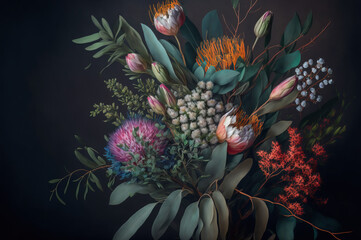 Bouquet of flowers with eucalyptus on dark background. Generative AI - 562349893