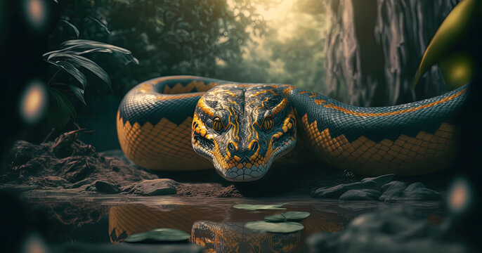 giant yellow and black anaconda snake laying on top of a body of water