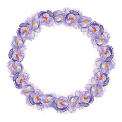 Watercolor hand drawn circle wreath with spring flowers, daffodils, crocus, snowdrops, leaves. Isolated on white background. Design for invitations, wedding, greeting cards, wallpaper, print, textile.