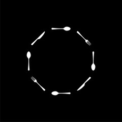 Fork spoon knife circle icon isolated on black background.