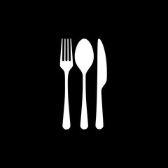 Fork, knife, and plate icon isolated on black background