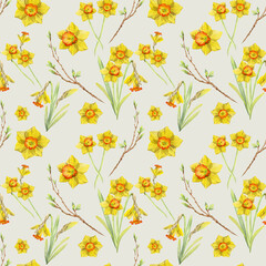 Watercolor hand drawn seamless pattern with spring flowers, daffodils, leaves, stems, branches. Isolated on white background Design for invitations, wedding, greeting cards, wallpaper, print, textile.
