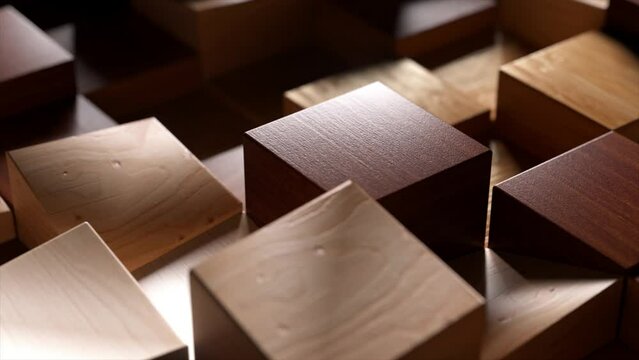 Abstract concept. Rectangular figures made of dark wood move dynamically in random order.