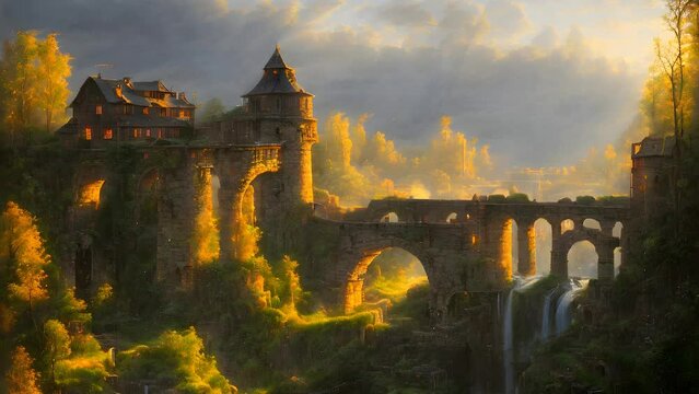 Small casle on cliff next to aqueduct, above waterfall, Concept Art, Generative AI, AI, Realistic Illustration, Video Game Digital CG Artwork Background, Nature Scenery, Video
