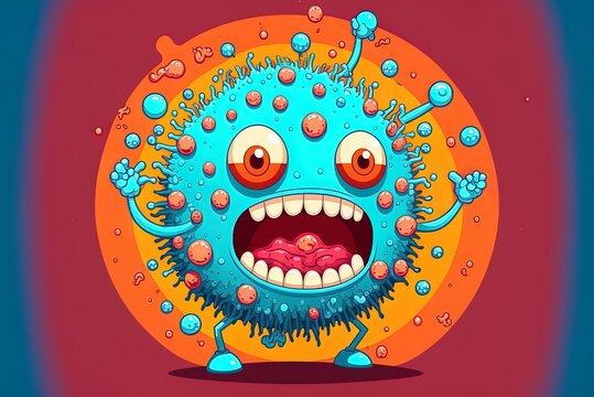Comic blue bacterial cell with fangs and eyeballs, printed on a poster with a hilarious viral figure on a red backdrop. Generative AI
