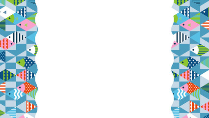 幾何学的な魚模様のフレーム・背景素材／マルチカラー（横向き16:9）