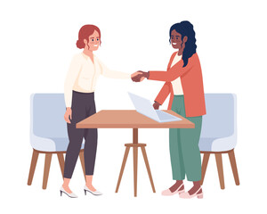 Obraz premium Business partners singing agreement at meeting semi flat color vector characters. Editable figures. Full body people on white. Simple cartoon style illustration for web graphic design and animation