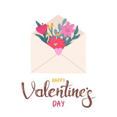 Flowers in an open envelope with hand lettering. Cute Valentines Day greeting card