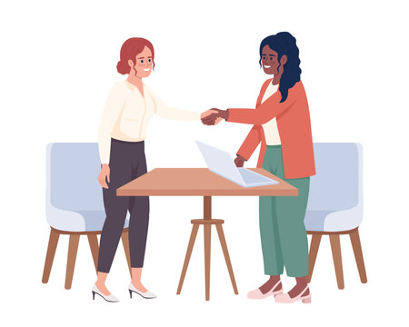 Business partners singing agreement at meeting semi flat color vector characters. Editable figures. Full body people on white. Simple cartoon style illustration for web graphic design and animation