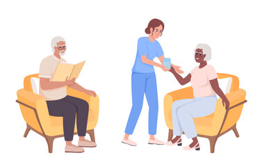 Geriatric nurse caring about seniors semi flat color vector characters. Caregiver. Editable figures. Full body people on white. Simple cartoon style illustration for web graphic design and animation