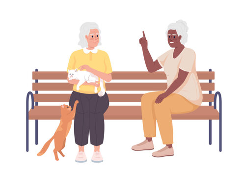 Older women talking and playing with cats semi flat color vector characters. Editable figures. Full body people on white. Simple cartoon style illustration for web graphic design and animation