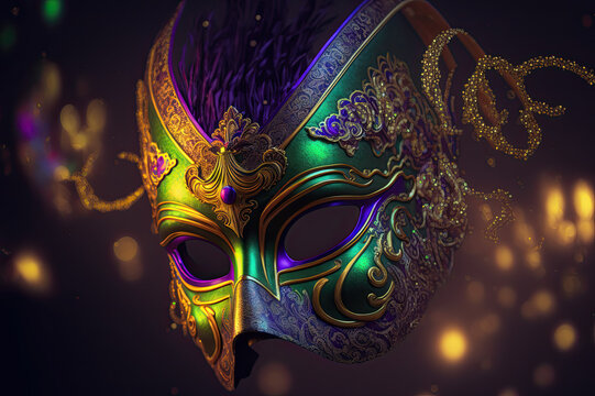 Generative AI of an Ornate Mask in Gold, Purple, and Green for the Mardi Gras Celebration in New Orleans, Reflecting the Colors and the Spirit of the Festival