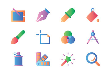 Graphic design icons set in color flat design. Pack of painting tablet, paintbrush, brush, pipette, paint palette, spray, swatch, magic wand and other. Vector pictograms for web sites and mobile app