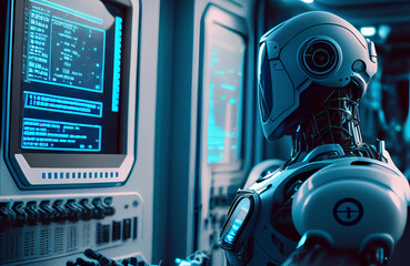 Futuristic scene - anthropomorphic robot interacting with a modern computer panel. Generative AI illustration.