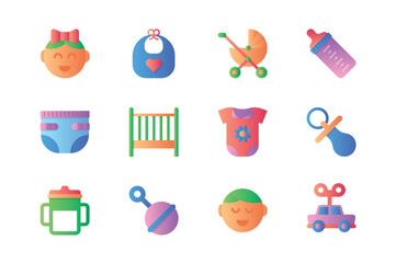 Baby items icons set in color flat design. Pack of girl, boy, bib, stroller, bottle, milk, diaper, crib, bodysuit, pacifier, toys, rattle and other. Vector pictograms for web sites and mobile app