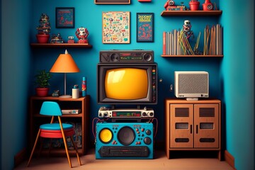 Retro kid's room interior with vintage devices and pop culture posters, toys and nostalgic gadgets from the 80s and 90s