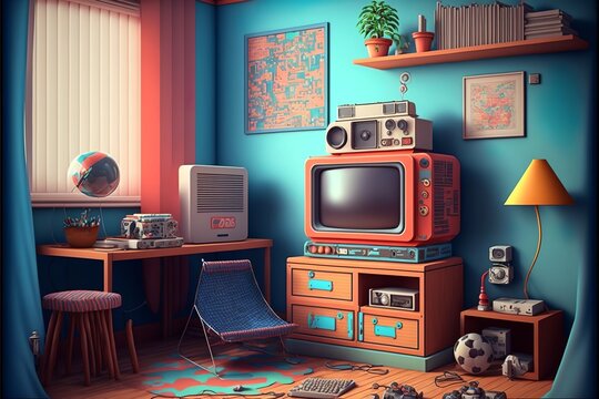 Retro kid's room interior with vintage devices and pop culture posters, toys and nostalgic gadgets from the 80s and 90s