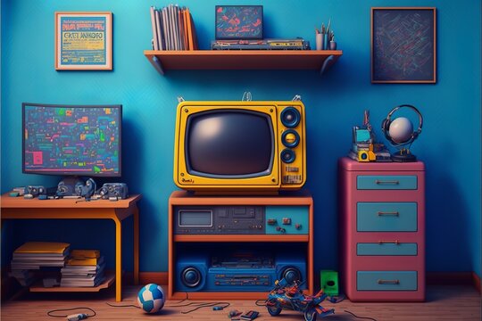 Retro Kid's Room Interior With Vintage Devices And Pop Culture Posters, Toys And Nostalgic Gadgets From The 80s And 90s