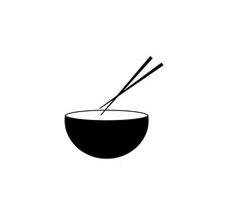 bowl with chopsticks icon vector. black silhouette illustration symbol of rice bowl and chopsticks. East Asian food symbol