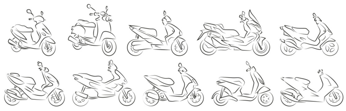 10 Motorroller Zeichnungen Vektor Grafik | Scooter Lineart Drawing Vector Graphic