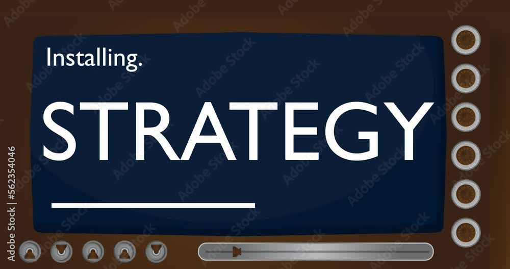 Poster cartoon computer with the word strategy. video message of a screen displaying an installation window