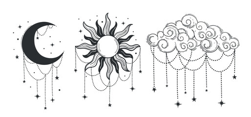 Sun, moon and cloud, Set of mystical elements for boho, astrology, zodiac. Magic heavenly symbols, line tattoo, vector vintage illustration isolated on white background.