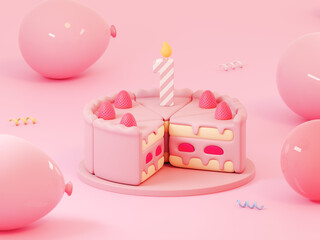 3D Cute Strawberry cake with candle and decorations. Pink cake. food. Pastel color. Cartoon creative design. Party surprise. birthday, mother's Day, Valentine's Day on a pink background. 3D Rendering