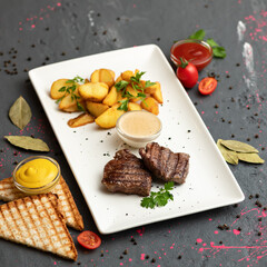 Grilled fried meat stack with potato garnish and sauce on rectangular white plate. Dark table is decorated with spices, slices of fried bread and sauce and cherry tomatoes. Still life. 