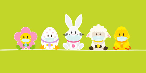 Weißer Osterhase & Freunde Mit Küken Maske Banner Grün