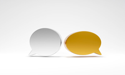 Gold and silver speech bubbles on white background. Blank 3D text bubbles for business design. 3D render illustration