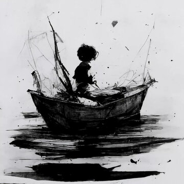 Generative AI illustration of fishing boat and a boy with black and white colors