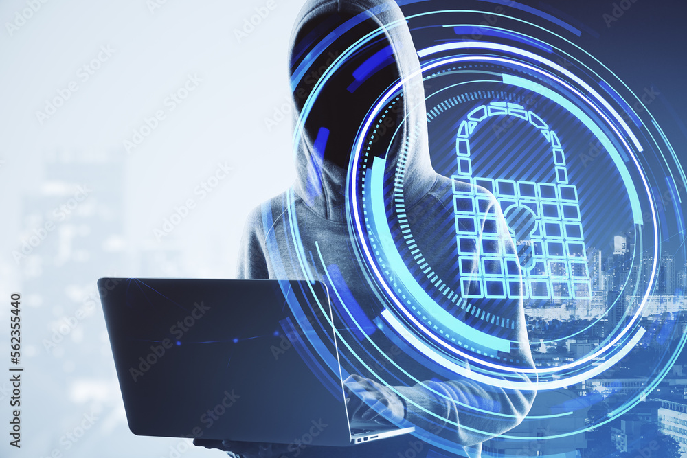 Poster Hacker using laptop with abstract padlock button on city background. Web safety, protection and digital technology concept. Double exposure.