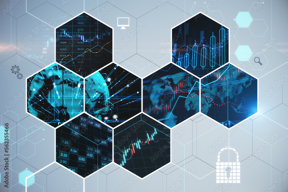 Poster creative business hexagons with different digital work concepts on blurry wallpaper. double exposure