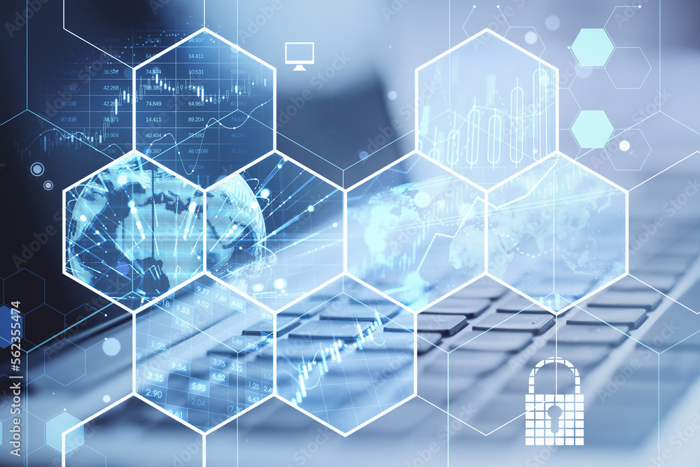 Poster creative business hexagons with different digital work concepts on blurry background with laptop on 