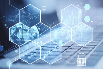 Creative business hexagons with different digital work concepts on blurry background with laptop on desktop. Double exposure.
