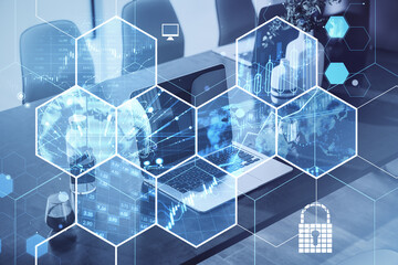 Creative business hexagons with different digital work concepts on blurry office interior background with laptop on desktop. Double exposure.