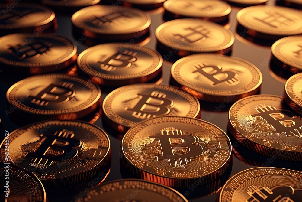 Poster bitcoin virtual money shown as shiny gold coins. background of a blockchain asset. generative ai