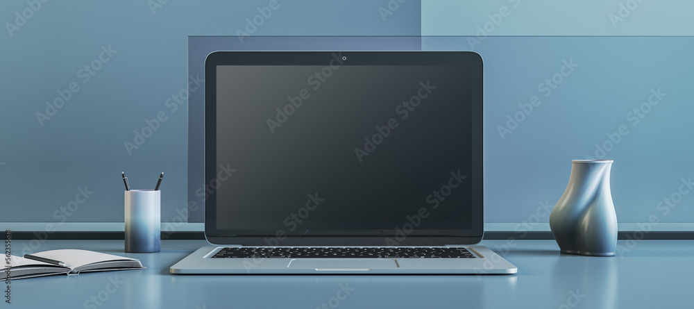 Poster Close up of empty laptop monitor on blue office desktop with supplies and mock up place. Workspace concept. 3D Rendering.