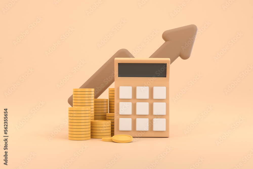 Poster minimal calculator concept of financial management. calculator with coins stack and arrow.